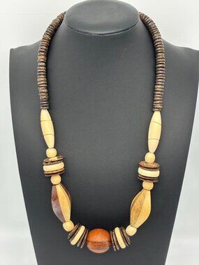 Wooden Discs Components Beaded Necklace Earth Colors Brown Cream Tan 23.5 Inches